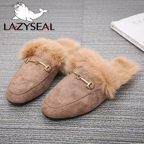 LazySeal Fur Women Slides Ladies Black Outdoor Female Shoes Slides Summer Winter 100% Real Rabbit Hair Designer Spring Footwear ► Photo 1/6