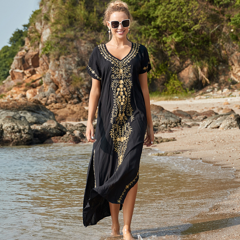 Oversize black Embroidery V-neck Short Sleeve Summer Beach Dress Plus Size Tunic Women Beachwear Batwing Sleeve Long Dress  N790 ► Photo 1/6