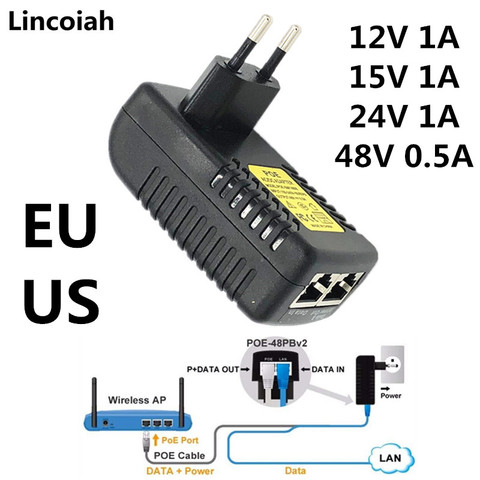 CCTV Security AC 110V-240V to DC 12V 15V 24V 48V 0.5A 1A POE Injector power adapter Ethernet IP Camera Phone PoE Power Supply ► Photo 1/6