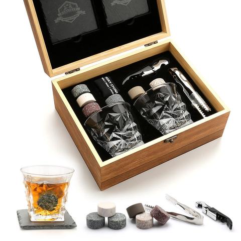 Whiskey Stones Gift Set - Whiskey Glass Set of 2 - Granite Chilling Whiskey Rocks - Scotch Bourbon Whiskey Glass Gift Box Set ► Photo 1/6