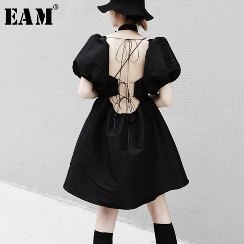 [EAM] Women Back Bandage Temperament Dress New Square Collar Short Sleeve Loose Fit Fashion Tide Spring Summer 2022 1T658 ► Photo 1/6