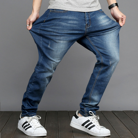 2022 Jeans Men's Elastic Straight Large Size 48 Men's Simple Style Black Blue Stretch Denim Pants Big Men Plus Size 5XL 6XL 7XL ► Photo 1/4