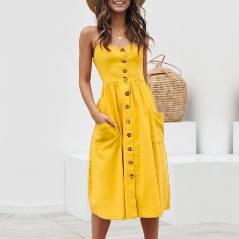 Casual Buttons Cotton Women Dresses Spaghetti Strap Midi Female Holiday Beach Dress Plus Size Vestidos 2022 Summer Autumn ► Photo 1/6