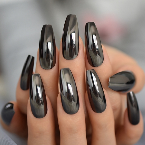 Reflective Mirror Punk Design Silver Gray Metal Plating False Acrylic Nail Tips Metallic Ballerina Coffin Fake Nails ► Photo 1/6