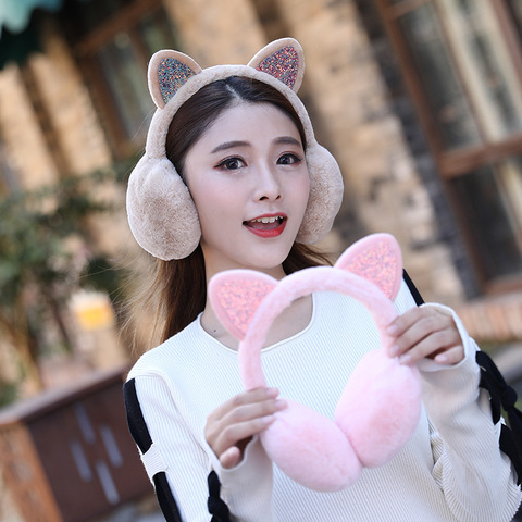 New year 2022 Fashion Women Girl Fur Winter Ear Warmer Earmuffs Cat Ear Muffs Earlap Glitter Sequin Earmuffs Headband Newest Hot ► Photo 1/6