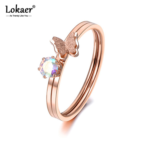 Lokaer Stainless Steel 2 In 1 Rings Buttfly And Colored Zircon Ring Cute Rose Gold Color Jewelry For Valentine's Day Gift R18141 ► Photo 1/5