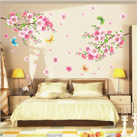 Cherry Blossom flower Butterfly Wall Stickers living room bedroom Wall decals Decors Murals poster ► Photo 1/5