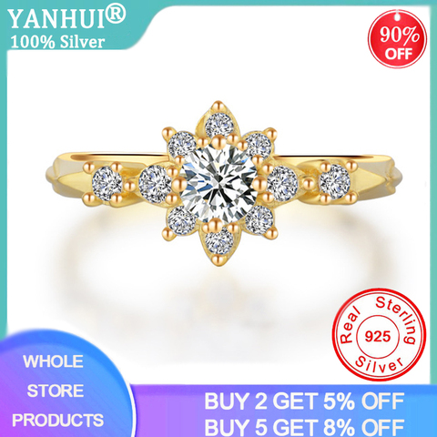 YANHUI Charms 14K Gold Color Sun Flower Rings For Women Main Stone 0.5ct Zirconia Diamond Crystal Rhinestone Silver 925 Jewelry ► Photo 1/6