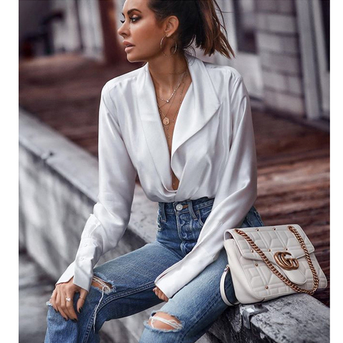 AEL ladies V-neck women blouse satin shirt Summer spring long sleeve blouses loose casual streetwear female top ► Photo 1/6