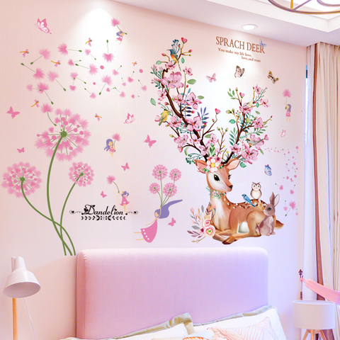 Deer Rabbit Animal Wall Stickers DIY Dandelions Flowers Wall Decals for Kids Rooms Baby Bedroom Home Decoration ► Photo 1/5