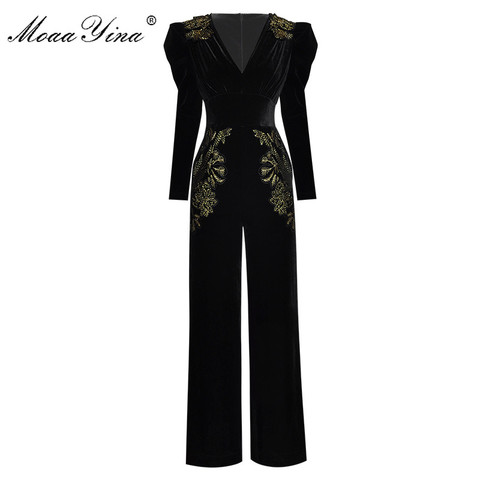 MoaaYina Spring Summer Designer Jumpsuits Women's V-neck Long sleeve Gold Line Embroidery Velvet Jumpsuits ► Photo 1/6