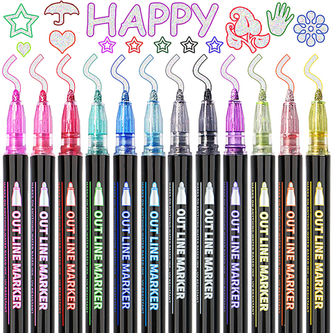 12 Color Double Line Outline Pen Set Metallic Color Magic Highlighter Marker Pen for Art Painting Writing School Supplies ► Photo 1/6