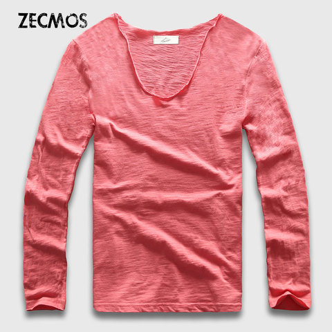 20 Colors V Neck Long Sleeve T Shirt Men Cotton T-Shirt Male Slim Fit Top Tees Casual Loose ► Photo 1/6