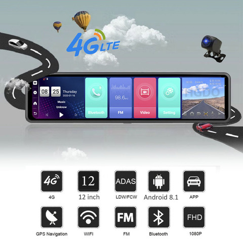 HGDO 12'' 4G ADAS Car DVR Camera Android 8.1 3 Screens Rear View Mirror FHD 1080P WiFi GPS Dash Cam Registrar Video Recorder ► Photo 1/6