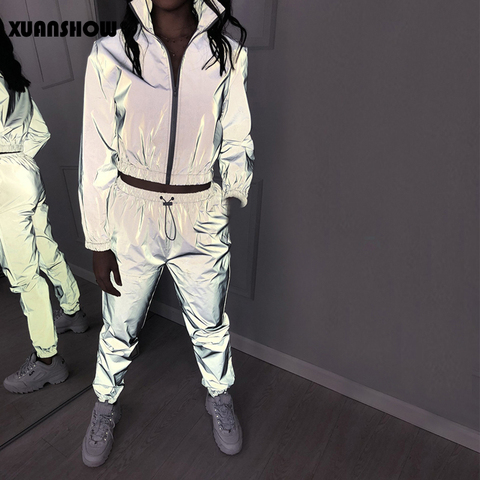 XUANSHOW Women Windbreak Sets Reflective Two Piece Set Casual Hip Hop Jackets Night Light Clothes Long Pant Suit 2022 Plus Size ► Photo 1/6