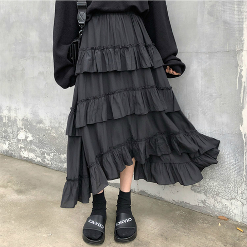 Midi Long Skirts Womens Maxi Skirt Goth Lolita 2022 winter High Waisted Asymmetrical High Low Ruched Ruffle black Skirts rok ► Photo 1/6