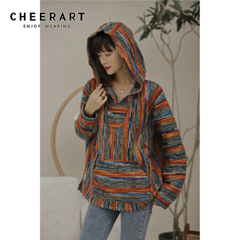 CHEERART Bohemian Women Hoodie Wool Sweatshirt Winter Clothes Striped Vintage Sweatshirt Knitted Fashion 2022 ► Photo 1/5
