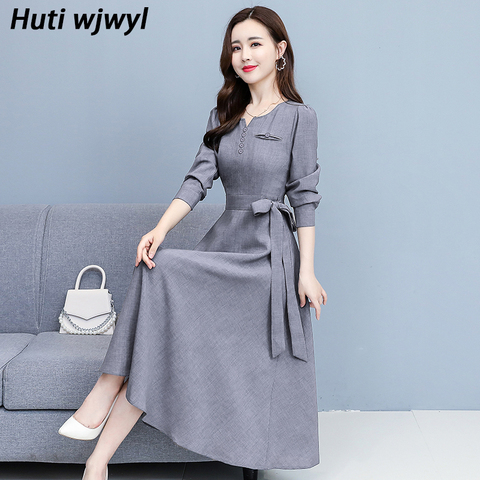 3XL Plus Size Spring Autumn Sexy Office Midi Dress 2022 Vintage Solid Cutton Linen Casual Dress Women Bodycon Party Maxi Vestido ► Photo 1/6