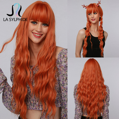 La Sylphide Halloween Cosplay Wig Long Deep Wave Orange Synthetic hair Wigs with Bangs for Black White Woman Heat Resistant Wigs ► Photo 1/6