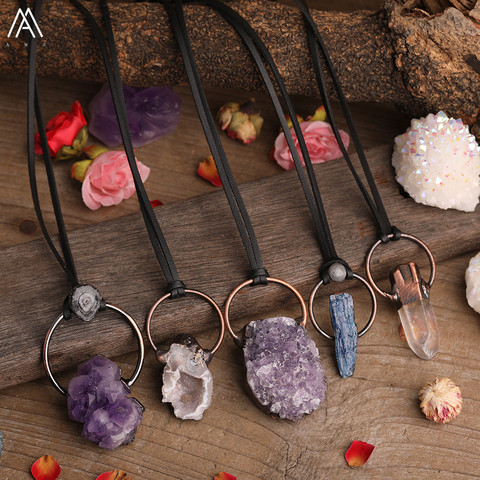 Natural Druzy Agates Amethysts White Quartz Stone Point Beads Bronze Hoop Charms Pendant Leather Necklace Adjustable For Women ► Photo 1/6