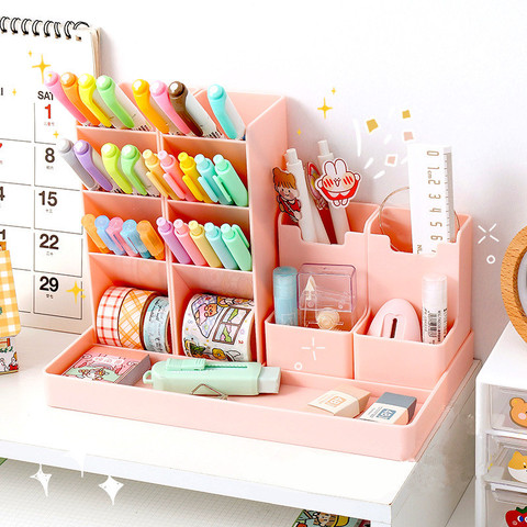 5Pcs/Set Multifunctional 4 Grid Pen Holder Desktop Organizer Large Capacity Makeup Plastic Storage Box Pencil Stand Free Sticker ► Photo 1/6