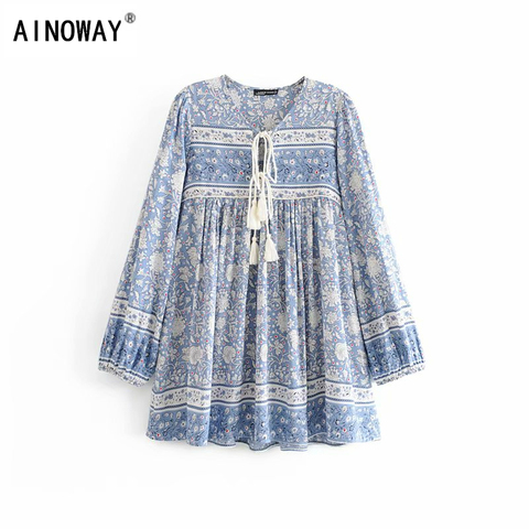 Vintage chic women floral porcelain print long  sleeve tassel beach  Bohemian mini dresses  Ladies V neck rayon Boho dress ► Photo 1/6