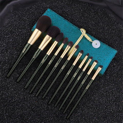 Make up Brushes 11Pcs Set Dark Green Goat Squirrel Hair Powder Blush Highlighter Brush Eyeshadow Blending Makeup Brush with Bag ► Photo 1/6