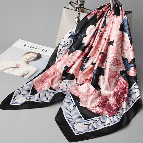 Wholesale Fashion Floral Print Kerchief Silk Satin Shawls and Wraps Hijab Scarfs Female 90cm*90cm Square Bag Scarves For Ladies ► Photo 1/6