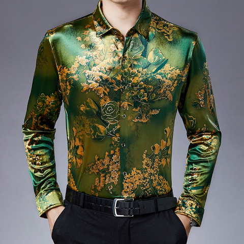 Plus Size Stretch Velvet Mens Shirts Summer Flowers Shirts For Mens Green Gold Autumn Blouse Velour Mens Clothing 2022 Long Slee ► Photo 1/6