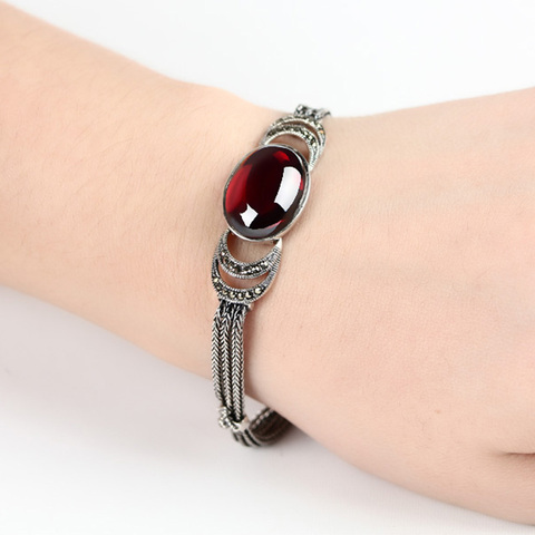 ZHJIASHUN 925 Sterling Silver Natural Garnet Bracelets For Women Vintage Gemstones Chalcedony Silver Jewelry Female ► Photo 1/6