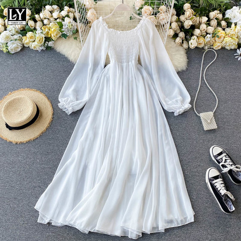 LY VAREY LIN 2022 New Autumn Women Elegant Holiday Dresses Puff Sleeve Slash Neck Off Shoulder Smocked White Chiffon Dresses ► Photo 1/6