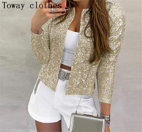 Women Jacket Sequined Bling Bling Glitter Coat Female Tops Open Front Stand Collar Long Sleeve Cool Party Clubwear ► Photo 1/6