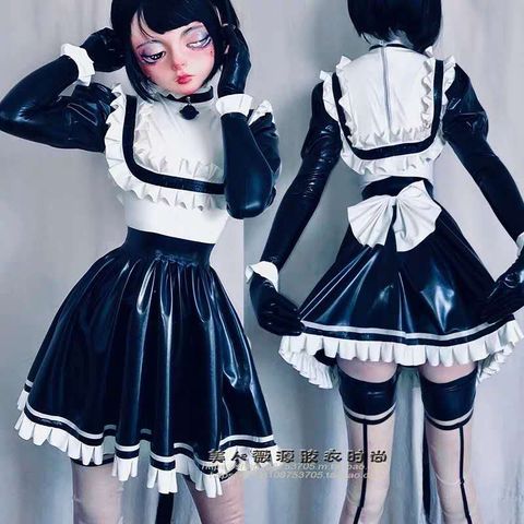 Sexy Black White Natural Latex Maid Dress Rubber Skirt with Trim Bow Back Zip Plus Size Custom ► Photo 1/6