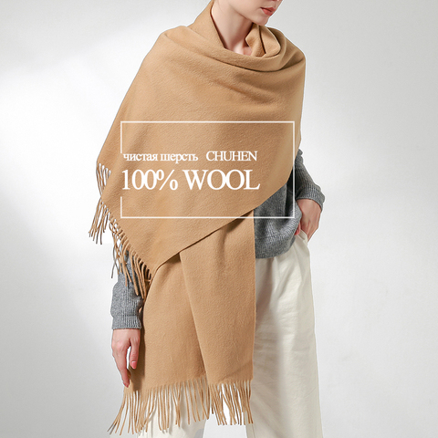 100% Real Wool Scarf Women Warm Shawls and Wraps for Ladies Stole Femme Solid Warps Winter Cashmere Wool Scarves Luxury Pashmina ► Photo 1/6