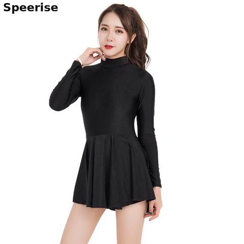 Womens Long Sleeve Skirted Ballet Skirt Professional Spandex Leotards Dance Gymnastic Dress Unitard Bodysuit Bodycon Zip Back ► Photo 1/6