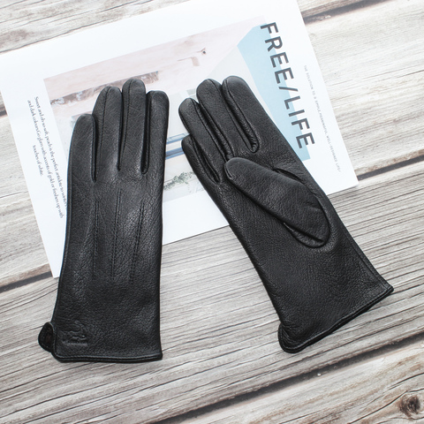 5 Partners New Women's Fashion Buckskin Gloves Velvet Lining Thin Section Driving Black Gloves Keep Warm In Autumn And Winter ► Photo 1/6
