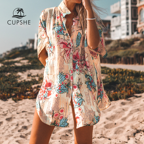 CUPSHE Floral Print Buttoned Cove Up Sexy Long Loose Shirt Robe Capes Women 2022 Summer Beach Bathing Suit Beachwear ► Photo 1/4