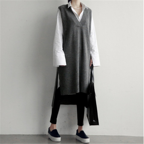 2022 Korean INS wind sweater vest short front and back long vest skirt knitted V-neck thickened mid-length sweater skirt ► Photo 1/5