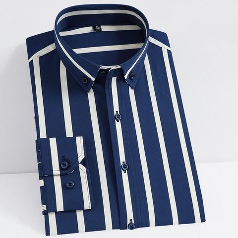 Men's Non-iron Stretch Casual Striped Dress Shirts Single Patch Pocket Long Sleeve Standard-fit Youthful Button-down Tops Shirt ► Photo 1/6