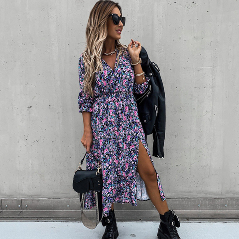 Autumn V Neck Long Floral Print Dress For Women 2022 Casual Long Sleeve Split Dress Female Boho Elegant Maxi Party Vestidos ► Photo 1/6