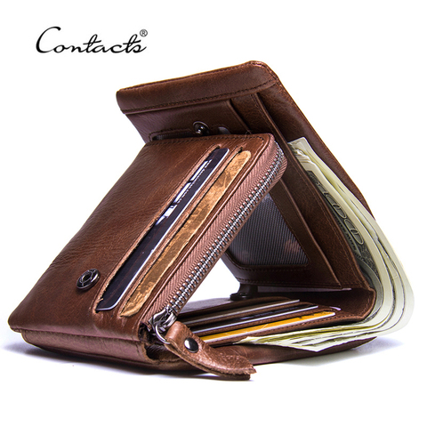 CONTACT'S Genuine Crazy Horse Leather Men Wallets Vintage Trifold Wallet Zip Coin Pocket Purse Cowhide Leather Wallet For Mens ► Photo 1/6