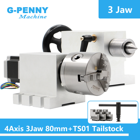 3 Jaw 80mm CNC 4th Axis dividing head/Rotation Axis/A axis kit Nema23 Gapless harmonic gearbox + Tailstock ► Photo 1/6