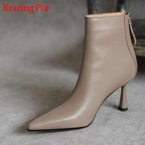 Krazing Pot new cow leather pointed toe strange high heels chic design concise basic clothing dress lady wedding ankle boots L51 ► Photo 1/6
