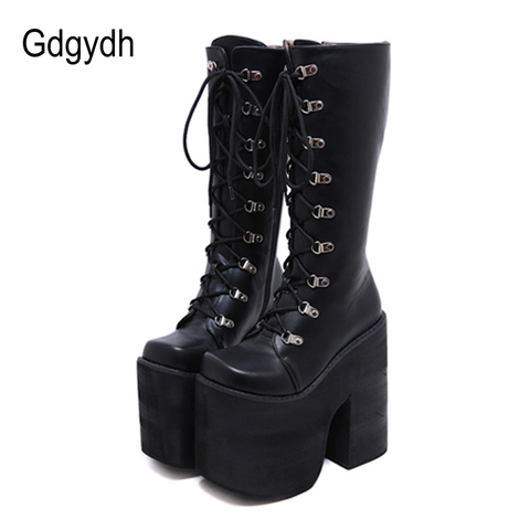 Gdgydh Large Size 43 Thick Platform Extreme High Heels 17cm Cool Motorcycles Boots Punk Style Shoelaces Knee High Boots Winter ► Photo 1/6