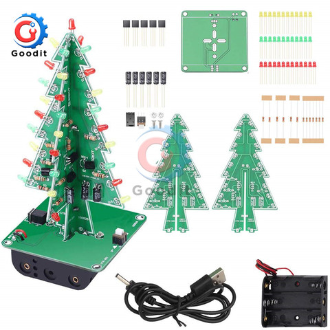 DIY 3D Christmas Tree Soldering Practice Electronic Science Assemble Kit 3 Color Flashing LED PCB USB Cable Using battery ► Photo 1/6