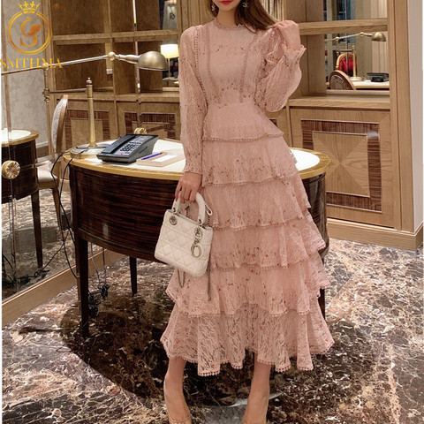 SMTHMA 2022 New Spring  Pink Lace Embroidery Maxi Dress Female Long sleeve high waist Ruffle elegant Runway Dresses vestidos ► Photo 1/5