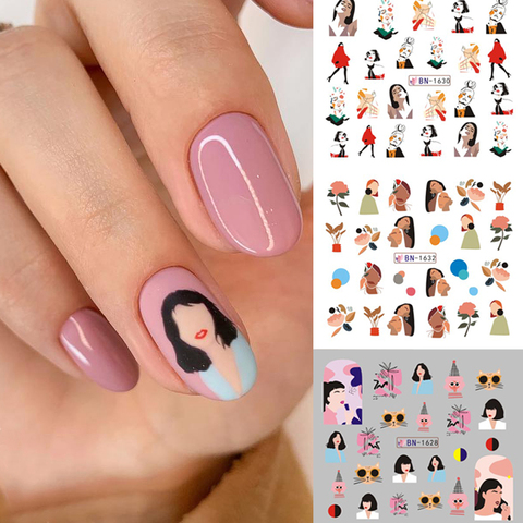 12pcs Abstract Women Face Nail Water Nail Transfer Stickers Women Face Sketch Abstract Image Nail Slider Decals Flower Decoratio ► Photo 1/6