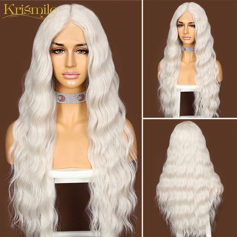 Krismile T-Part Lace Front 60# Silver White Water Wave Middle Part Synthetic Wigs for Women High Temperature Party Cosplay Daily ► Photo 1/6