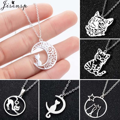 Stainless Steel Origami Cat Necklaces Lovely Animal Kitten Jewelry Cat on the Moon Pendant Necklace Women Bijoux Collane ► Photo 1/6