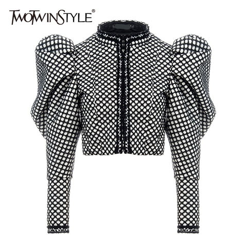 TWOTWINSTYLE Ruched Plaid Coat For Women O Neck Puff Sleeve Short Female Coat Streetwear Autumn Fashion New Clothing 2022 ► Photo 1/6